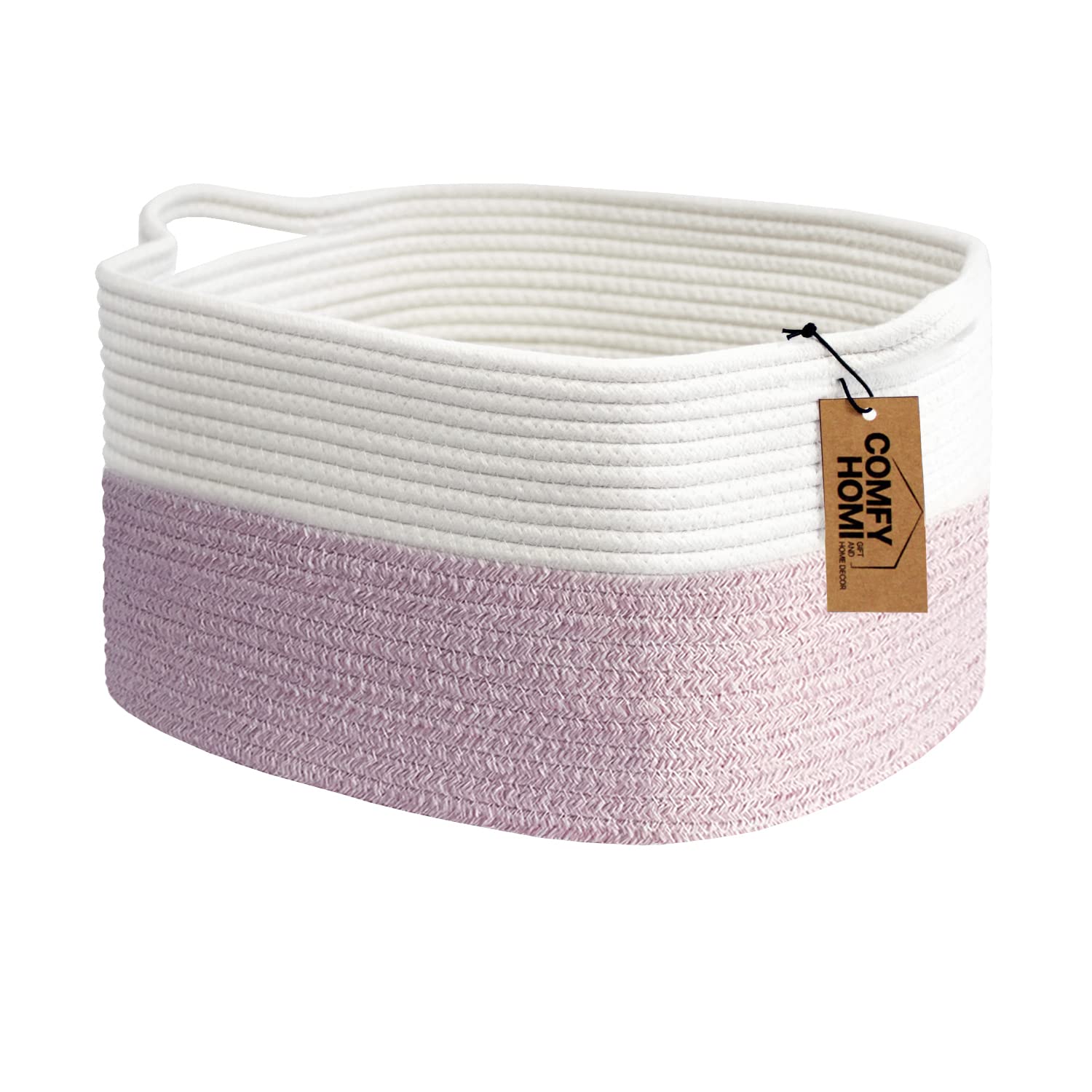 Comfy-Homi Cotton Rope Woven Medium Basket With Handles For Shelf,Cloth Storage Basket For Organizing-13.5X11X9.5 Storage Bin For Bedroom, Newborn Or Infant Gift For Boy Girl (White/Pink)